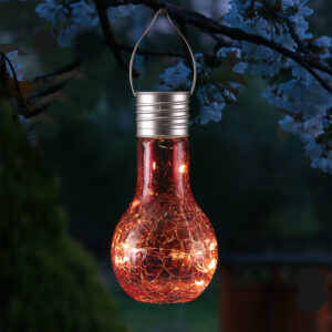 LED Solar Glühbirne CRACKLE GLOW - warmweiße LED Drahtlichterkette - H: 17cm - Lichtsensor - rot