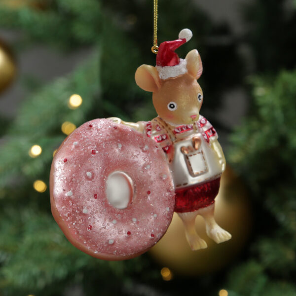 Weihnachtsbaumschmuck Mäuschen mit Donut - Christbaumschmuck - Glas - H: 11