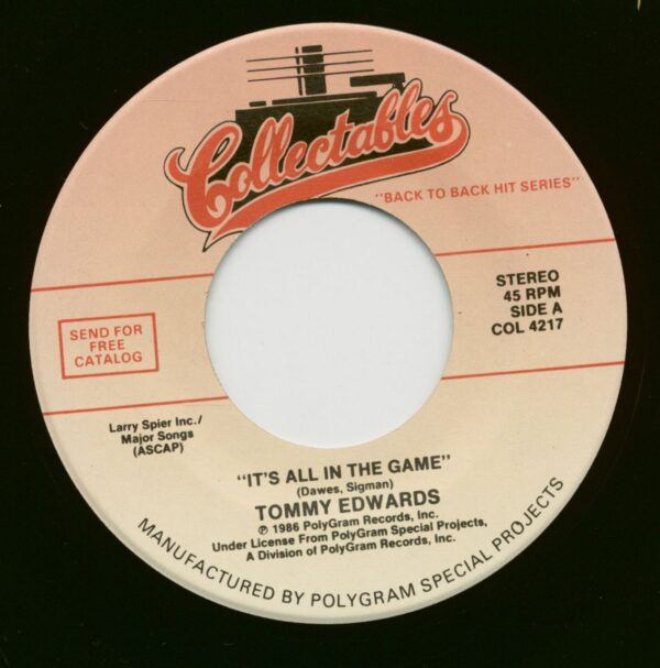 Tommy Edwards - It's All In The Game - Morning Side Of The Mountain (7inch