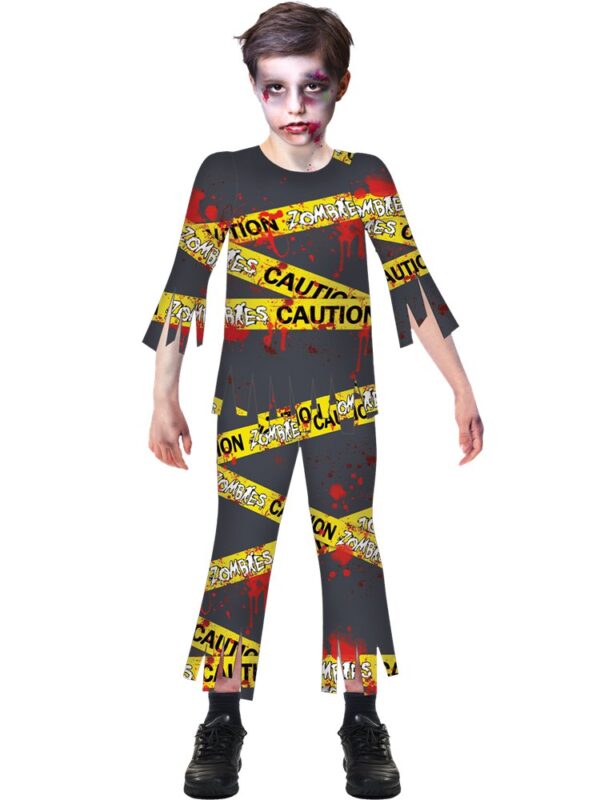 Halloween Zombie Kostüm - "CAUTION"  Shirt + Hose - 6-8 Jahre - Aufgedrucktes Warnband