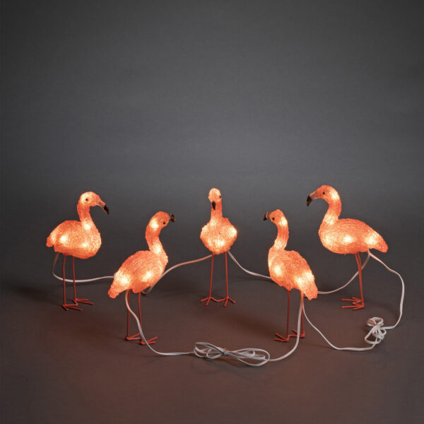 LED Acryl Flamingos - 40 bernsteinfarbene LED - outdoor - weißes Kabel - L: 4m - 5er Set