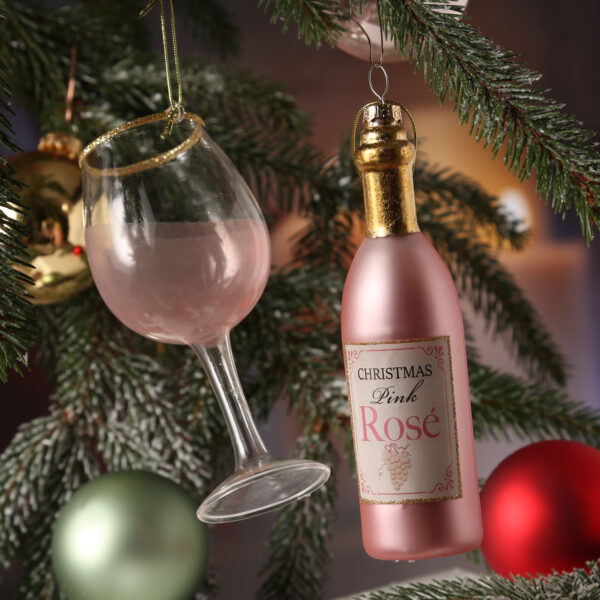 Weihnachtsbaumschmuck ROSÉWEIN - Weinflasche u. Weinglas - inkl. Aufhänger - rosa