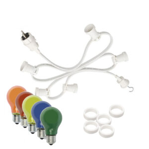 Illu-/Partylichterkette 10m - Außenlichterkette weiß - Made in Germany - 10 x bunte 25W Glühlampen