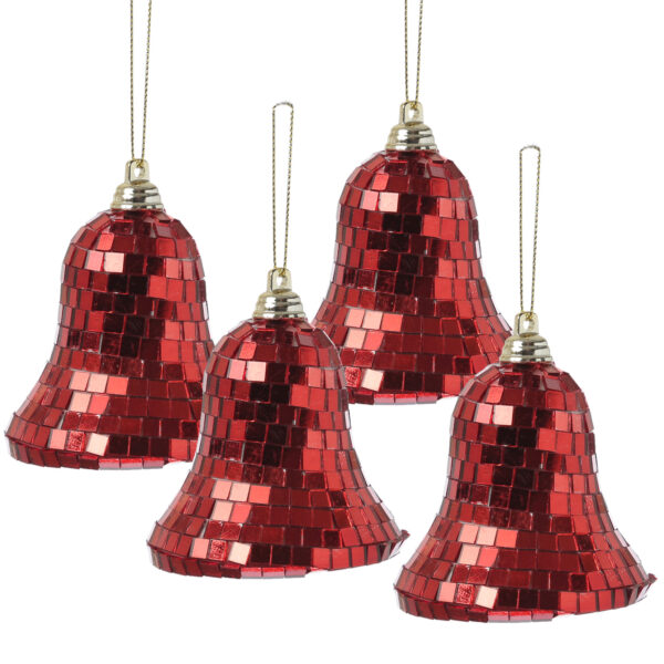 Christbaumschmuck Glocken - Weihnachtsbaumschmuck im Discokugel Look - H: 8cm - rot - 4er Set