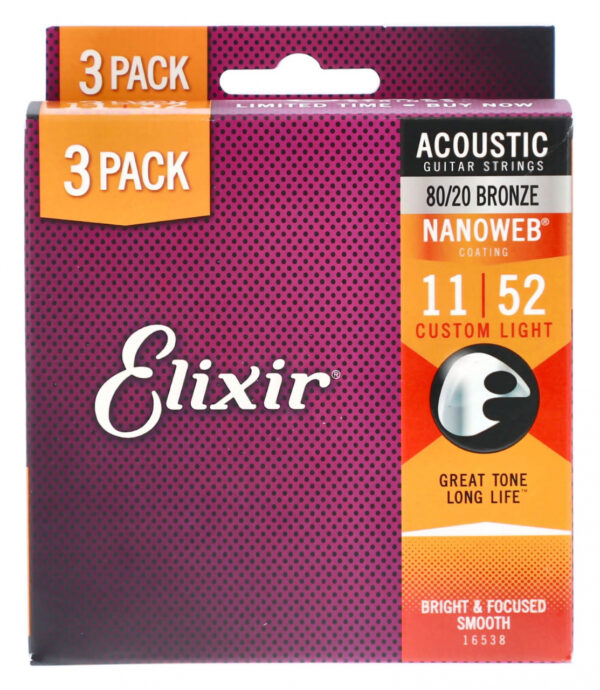 Saiten Vorteilspack Elixir Nanoweb 80/20 Custom Light 3-Pack